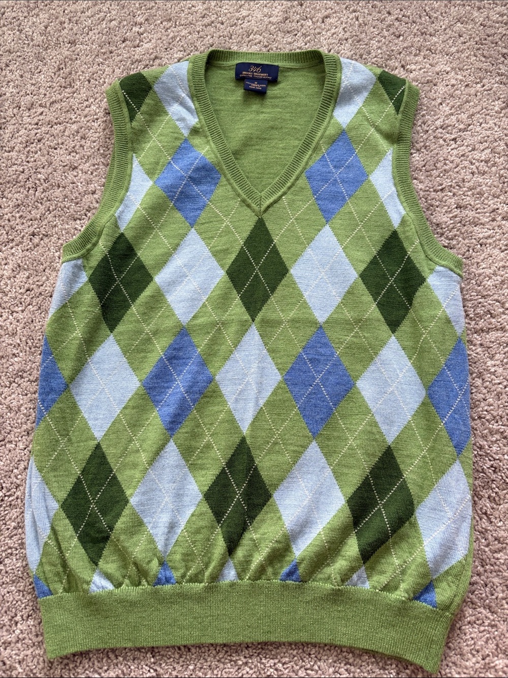 Green Argyle V-Neck Sweater Vest with Blue Accents